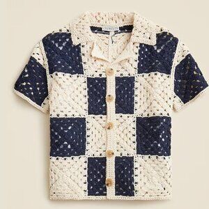 Boys New J.Crew Short Sleeve Checker Crochet Camp Shirt Size L Size 10 Sealed